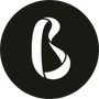 Black and white logo with stylised letter B on dark background
