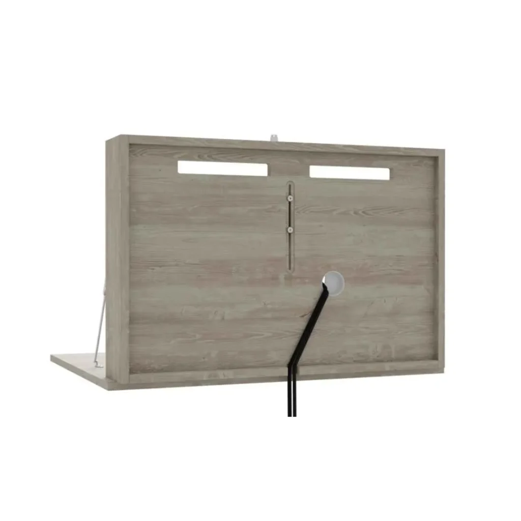 Rear view of wall mounted desk showing cable routing hole and cable management