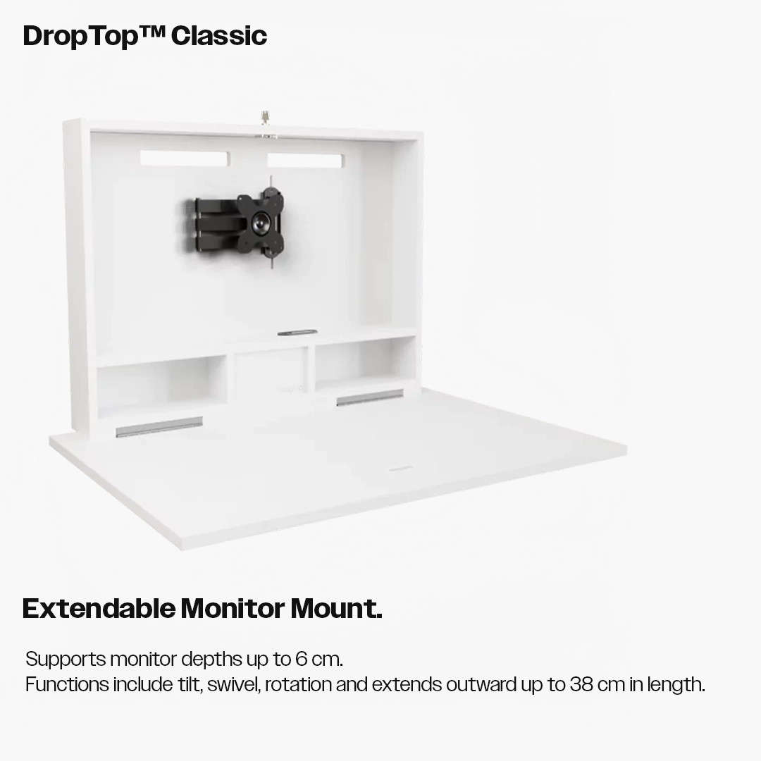 DropTop Classic desk in open position with extendable monitor mount installed.