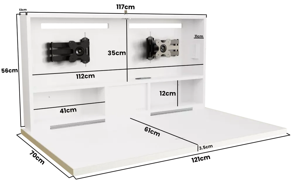 DropTop Duo 24 wall-mounted desk with labelled dimensions in open position.