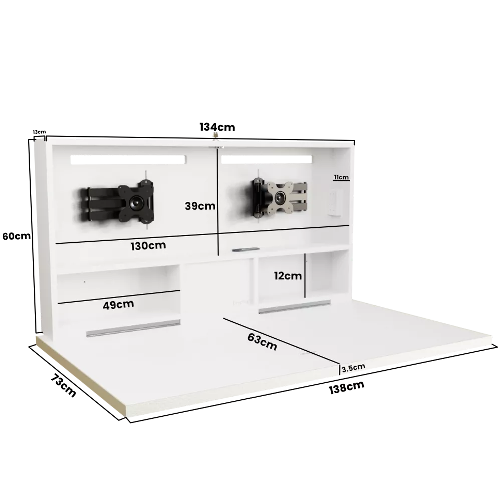DropTop Duo 27 wall-mounted desk with labelled dimensions in open position.