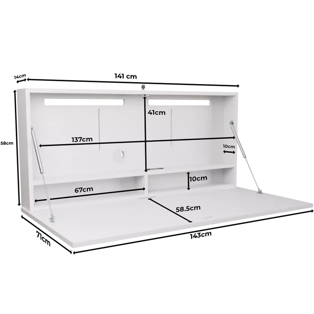 DropTop Duo 27 Light wall-mounted desk with labelled dimensions in open position.