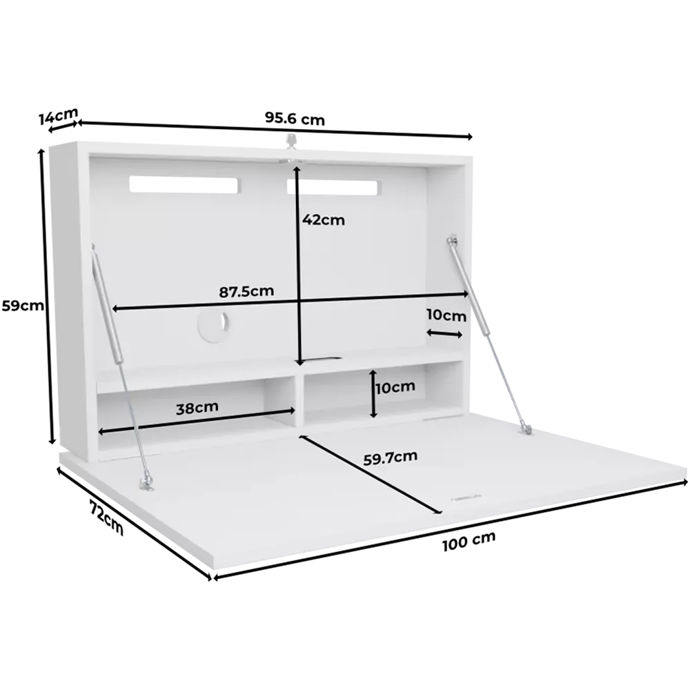 DropTop Single 34 Light wall-mounted desk with labelled dimensions in open position.