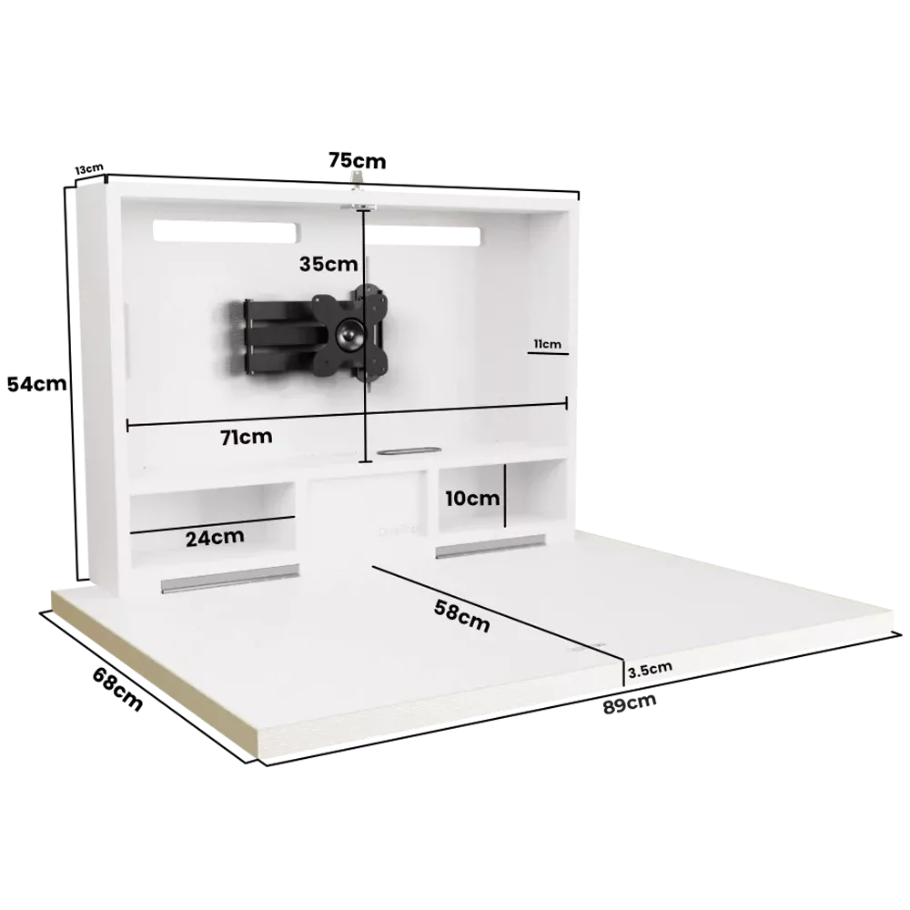 DropTop Single 29 wall-mounted desk with labelled dimensions in open position.