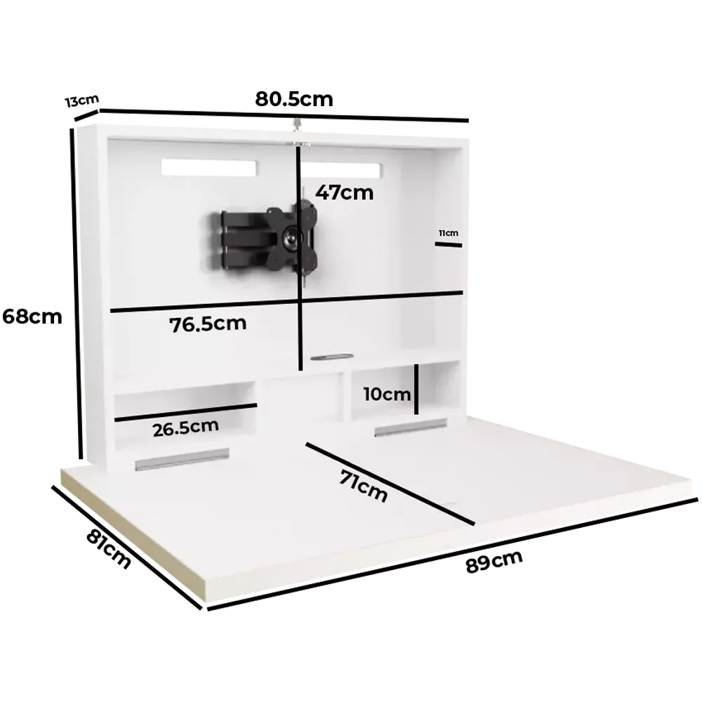 DropTop Single 32 wall-mounted desk with labelled dimensions in open position.