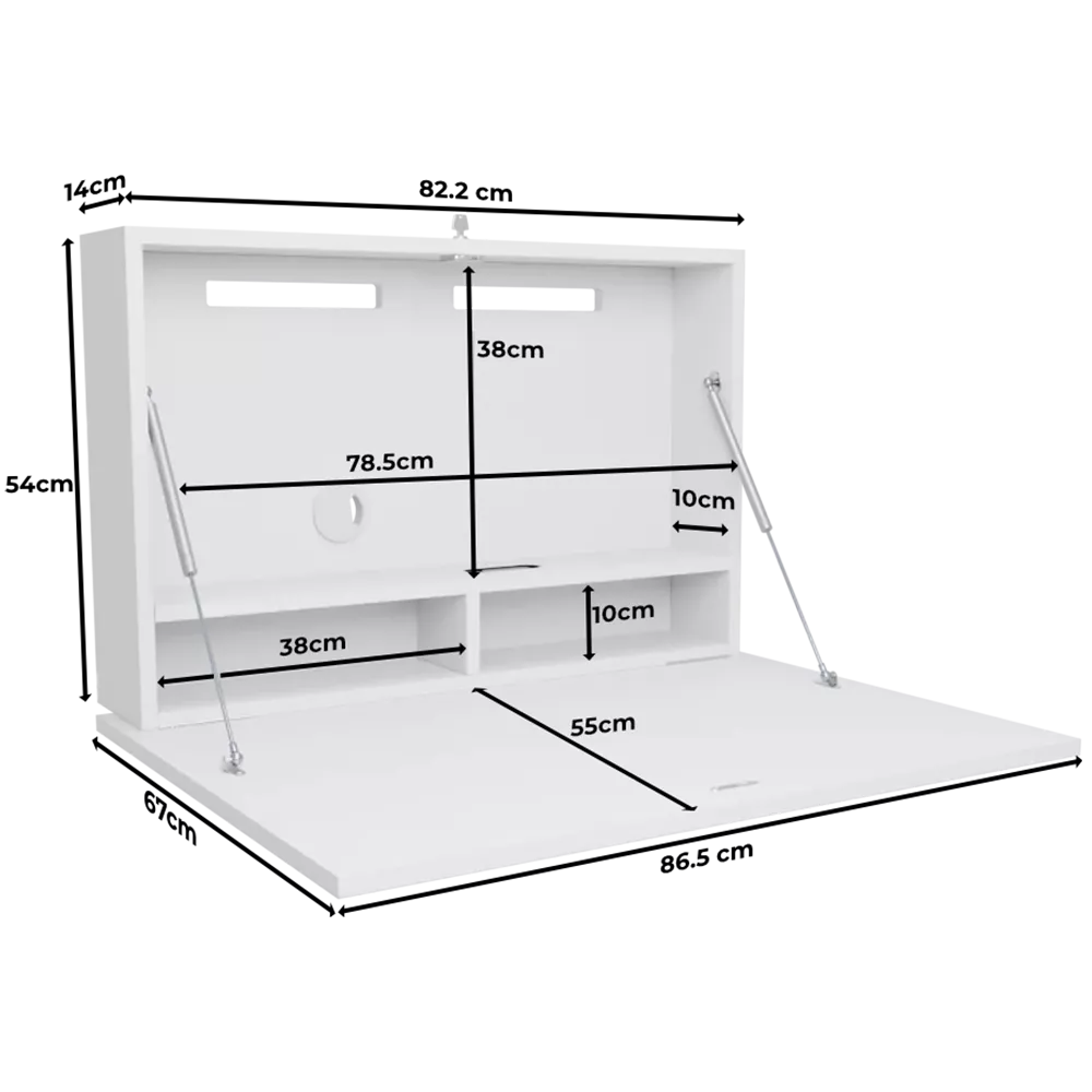DropTop Single 29 Light wall-mounted desk with labelled dimensions in open position.