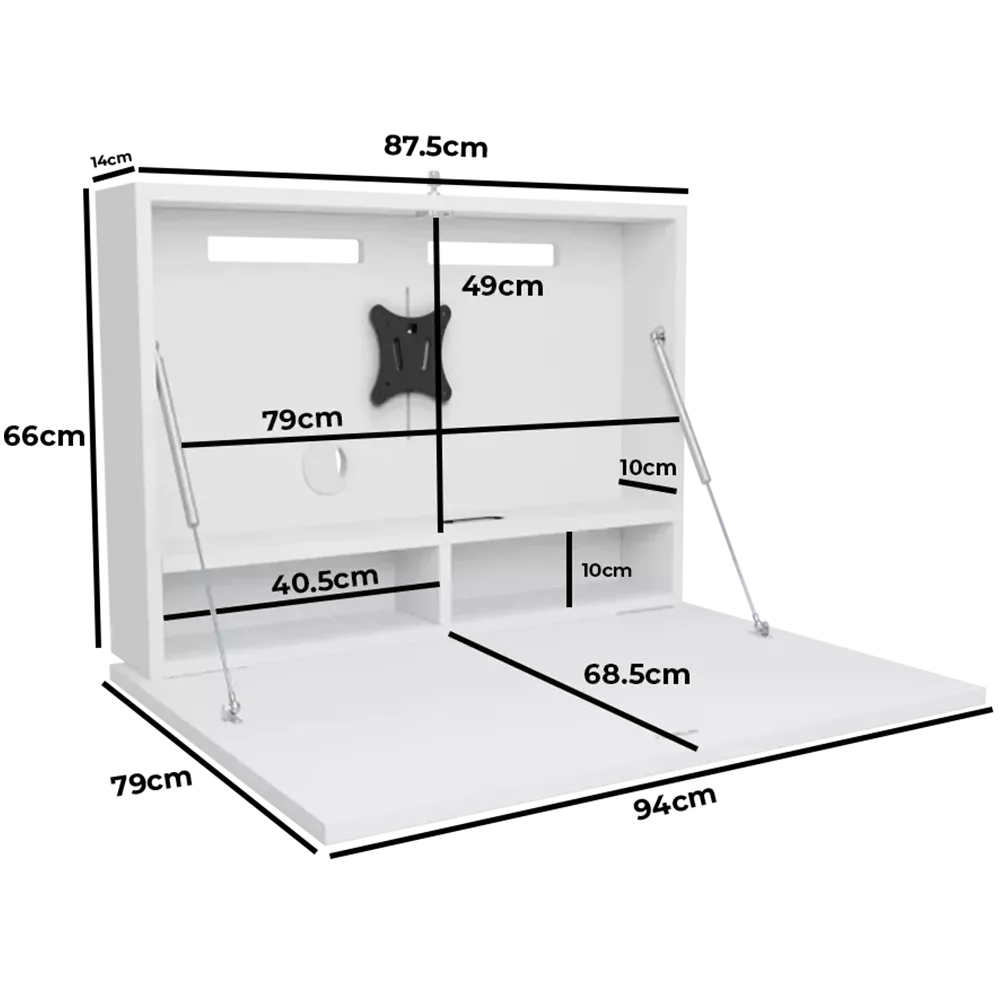 DropTop Single 32 Light wall-mounted desk with labelled dimensions in open position.