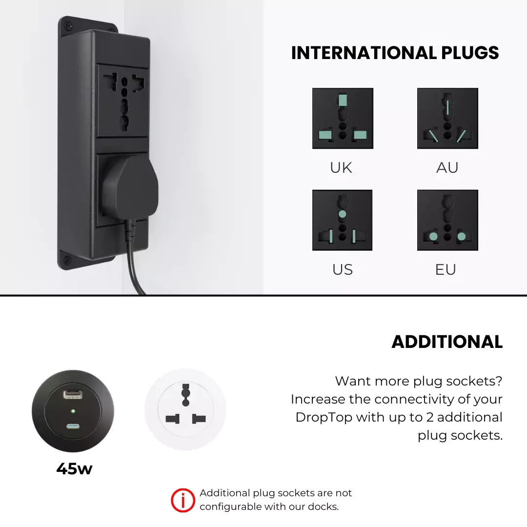 Power socket module with UK, AU, US, and EU plug options and additional socket configurations.