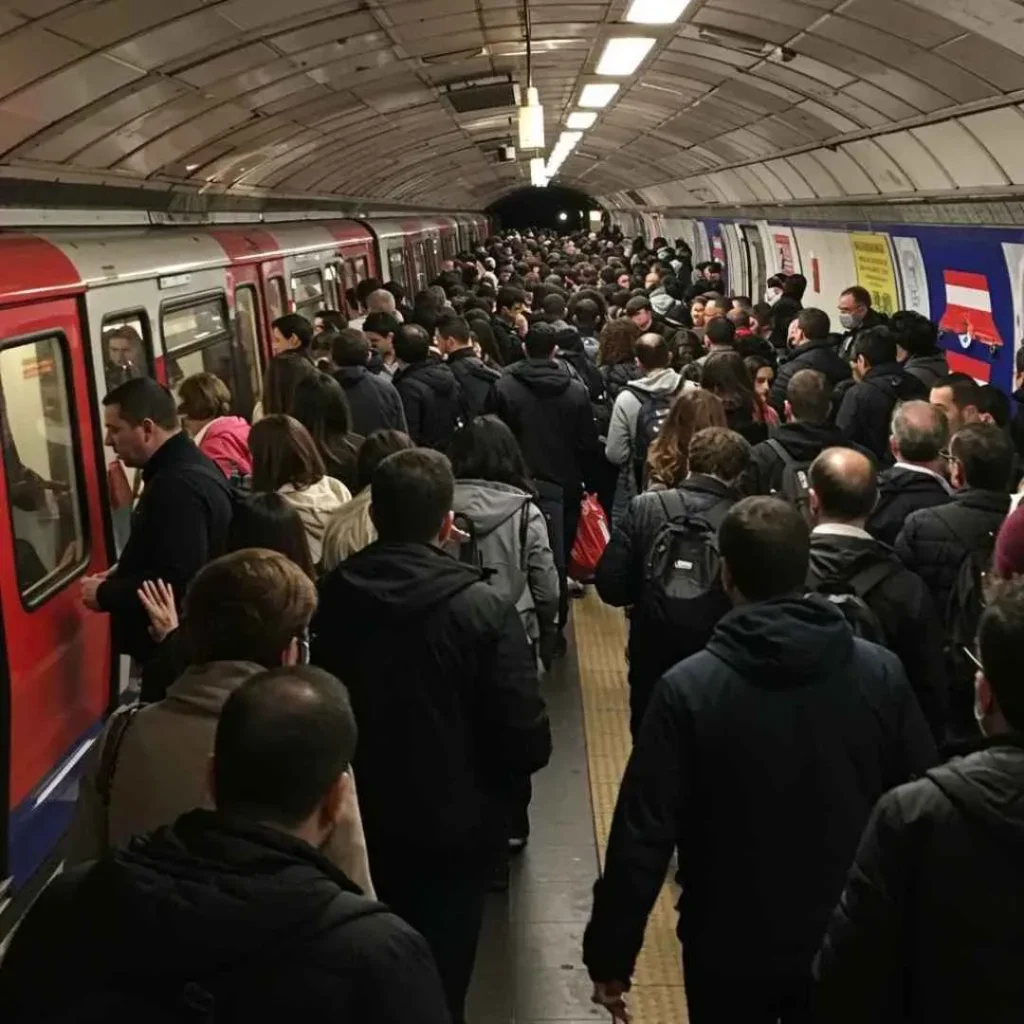 Crowded underground platform with commuters boarding a train during rush hour.
