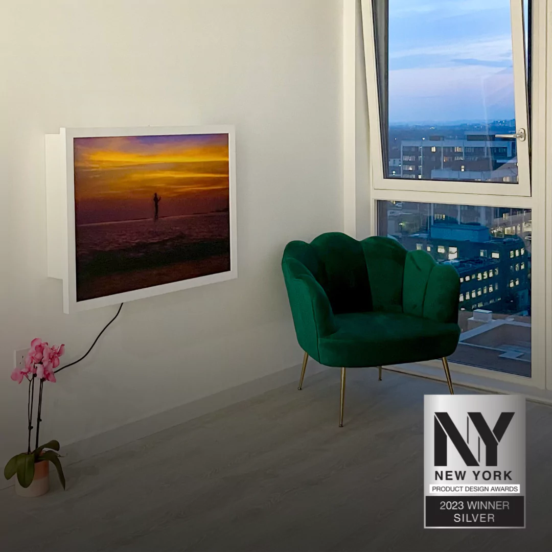 DropTop desk closed, displaying sunset artwork ina. modern apartment living space.