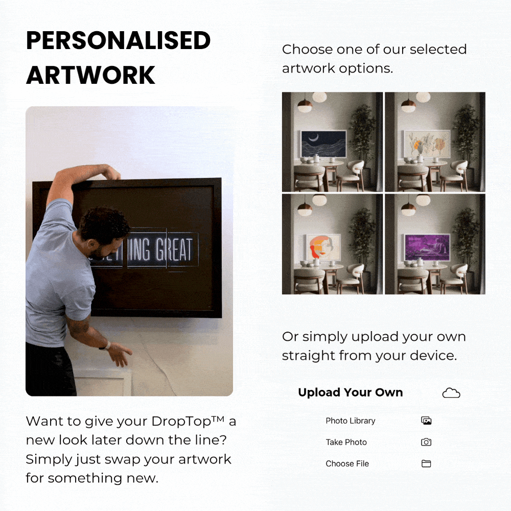 Person swapping artwork on a closed DropTop desk with custom and preset artwork options shown.