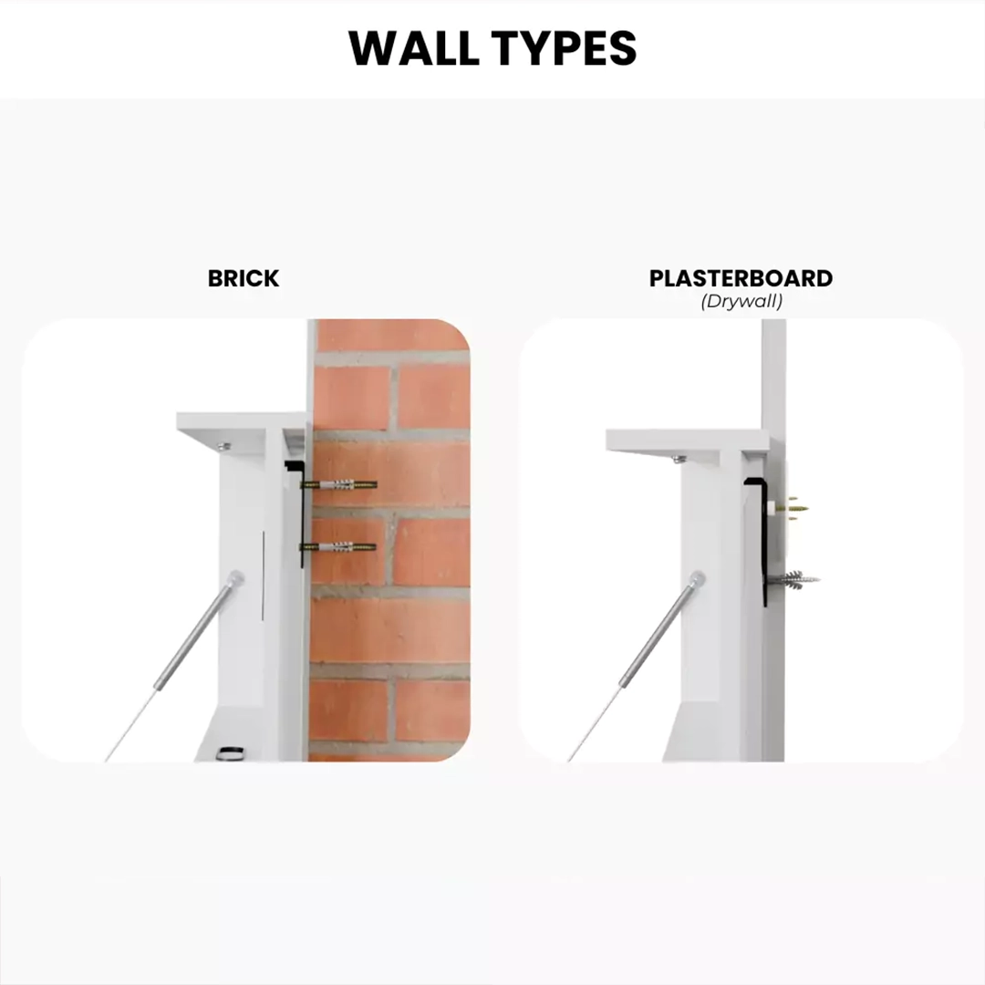 Wall mounting examples showing DropTop desk installation on brick and plasterboard walls.