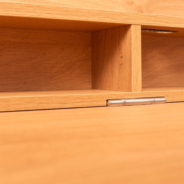 DropTop folding desk hinge detail showing smooth mechanism on wall mounted floating desk.