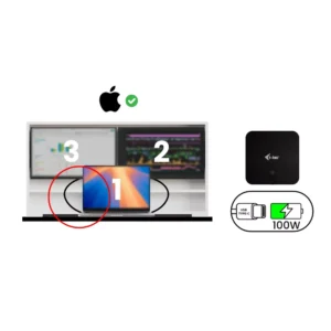 DropTop desk with laptop and dual monitors connected via compact dock with cable setup.