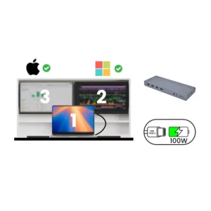 DropTop desk with laptop and dual monitors connected via dock with single-cable setup.