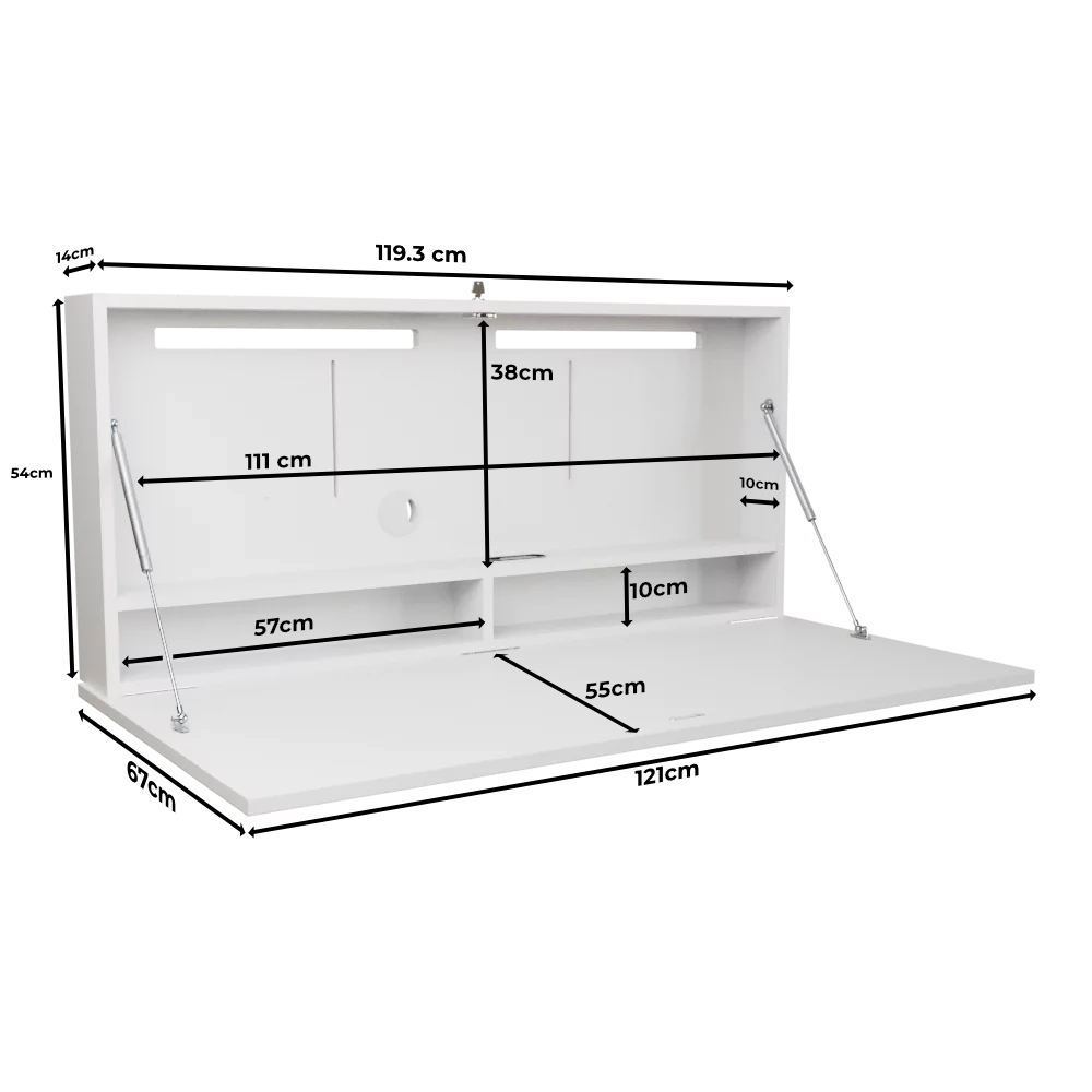 DropTop Duo 24 Light wall-mounted desk with labelled dimensions in open position.