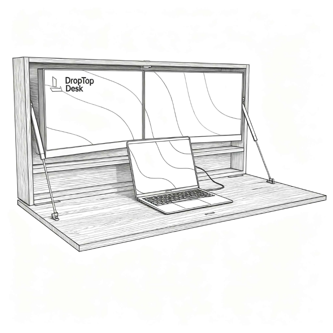 DropTop Duo Light wall-mounted desk in open position with laptop workspace.