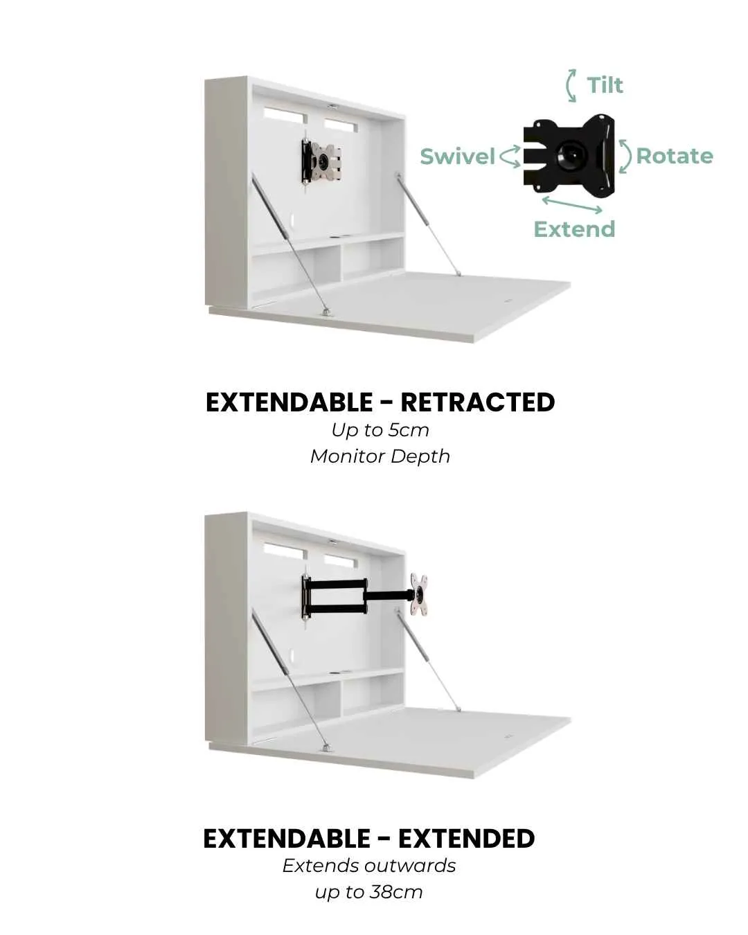 DropTop desk extendable monitor mount shown in retracted and extended positions with tilt, swivel and rotation adjustment.
