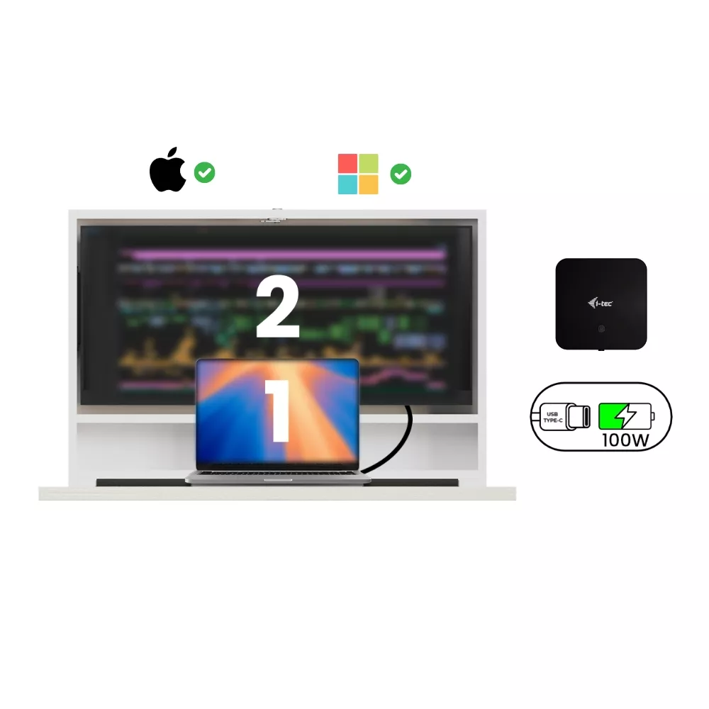 Product Info - DropTop Single 34 DropTop desk with laptop and monitor connected via compact dock with single-cable setup.