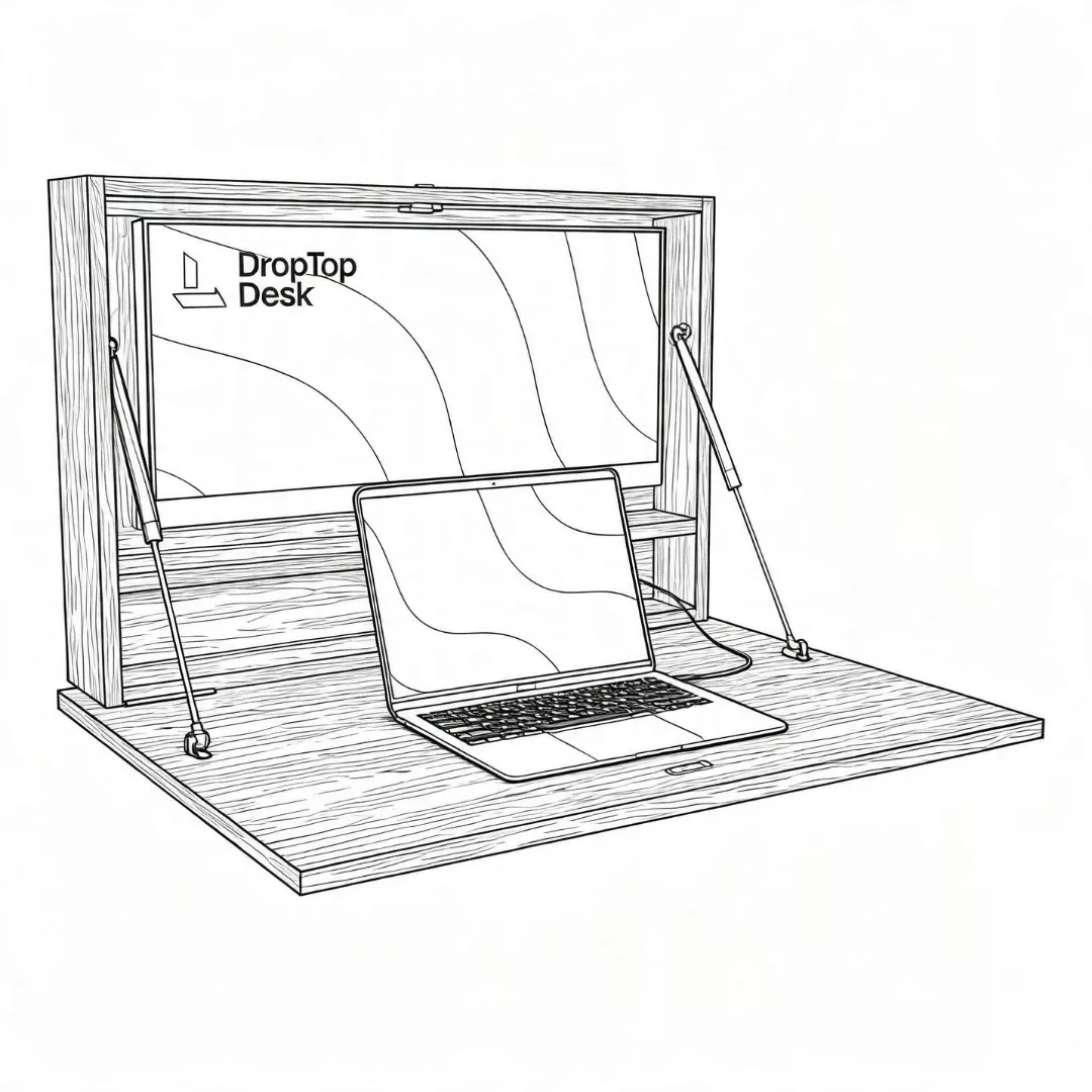 DropTop Single Light wall-mounted fold-down desk in open posiiton with laptop workspace.