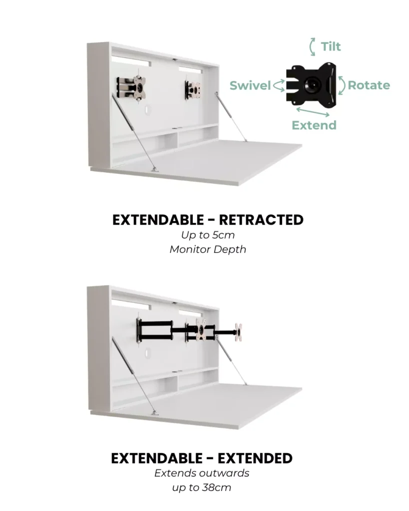 Open DropTop desk showing extendable monitor mount in retracted and extended positions.