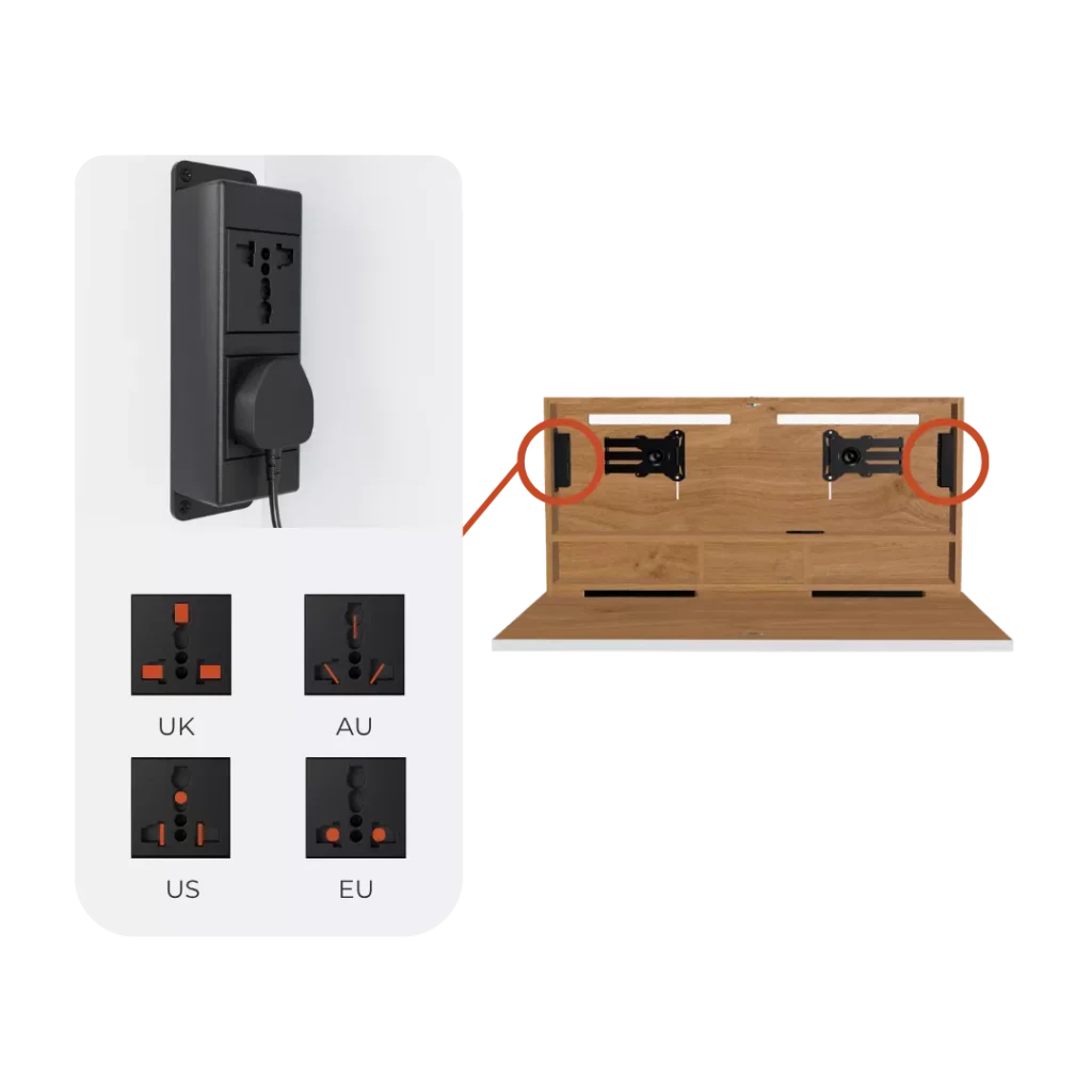 Power socket module with interchangeable UK, EU, US and AU plug options shown alongside DropTop desk cable connection points.