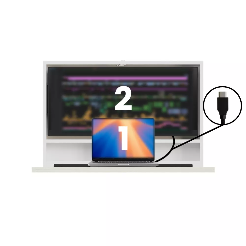 Product Info - DropTop Single 34 Open DropTop desk with laptop and monitor connected by HDMI cable.