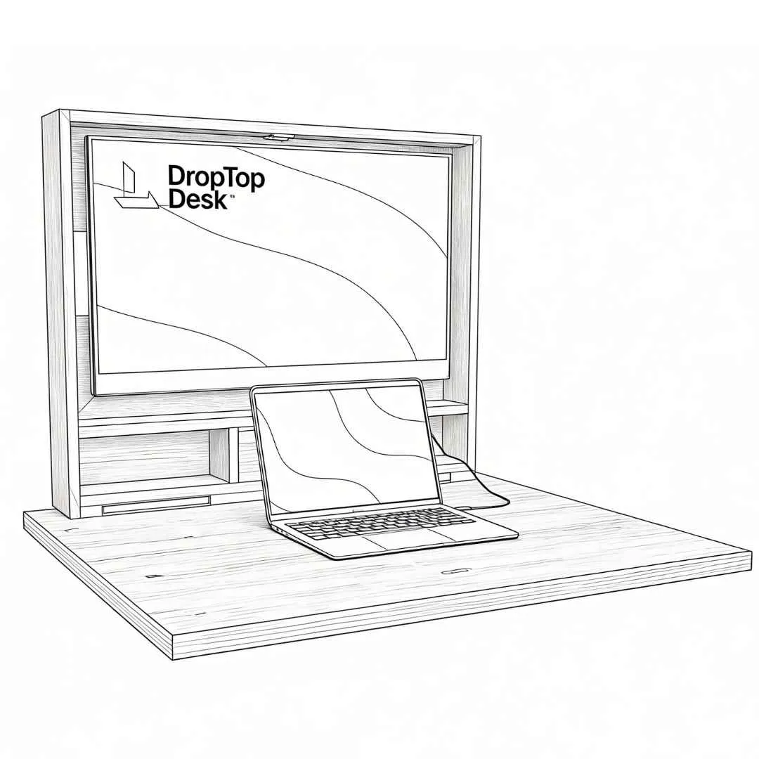 DropTop Single Light wall-mounted desk in open position with monitor and laptop workspace.