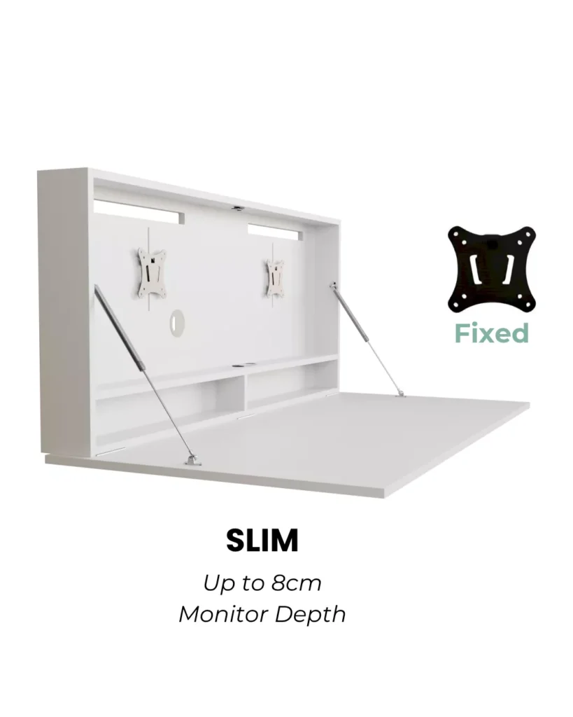 Open DropTop desk showing fixed slim monitor mount for up to 8cm monitor depth.
