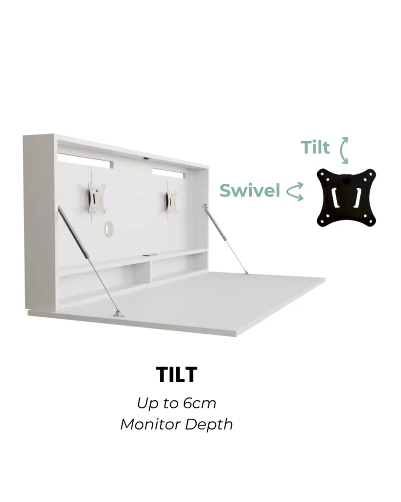Open DropTop desk showing adjustable monitor mount with tilt and swivel functionality.