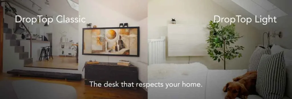 Comparison banner showing DropTop Classic and DropTop Light wall-mounted desks in home interiors.